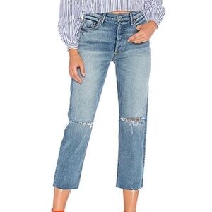 GRLFRND Helena High Rise Straight Leg Crop Distressed Button Fly Jeans Sz 24